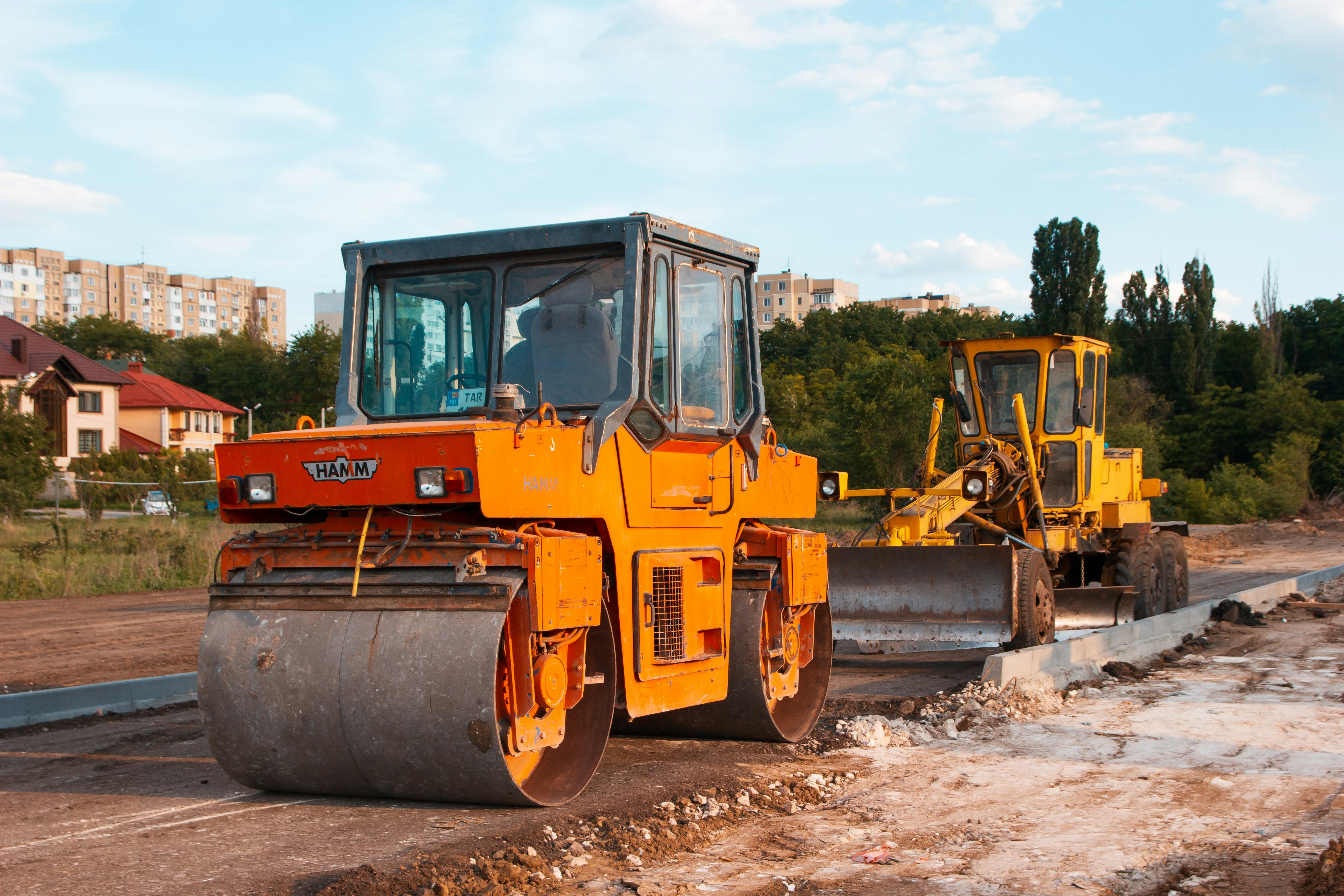 Road roller on construction site